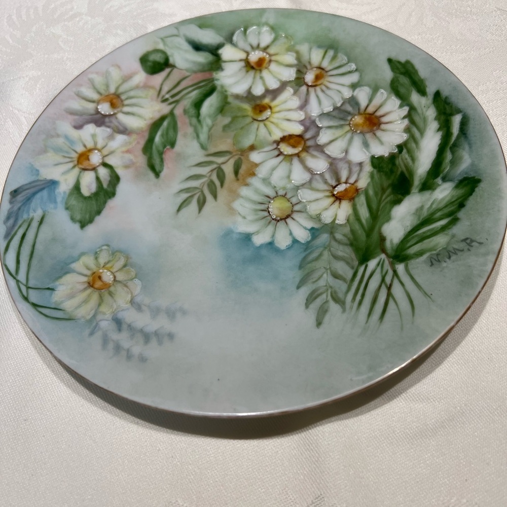Floral Decorative Plate with White Daisies Initials N.M.R.